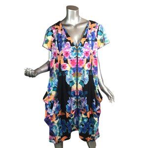 City Chic Women's XL / 22 Zip Front Shift Midi Dress Pockets Wearable Art Beauti